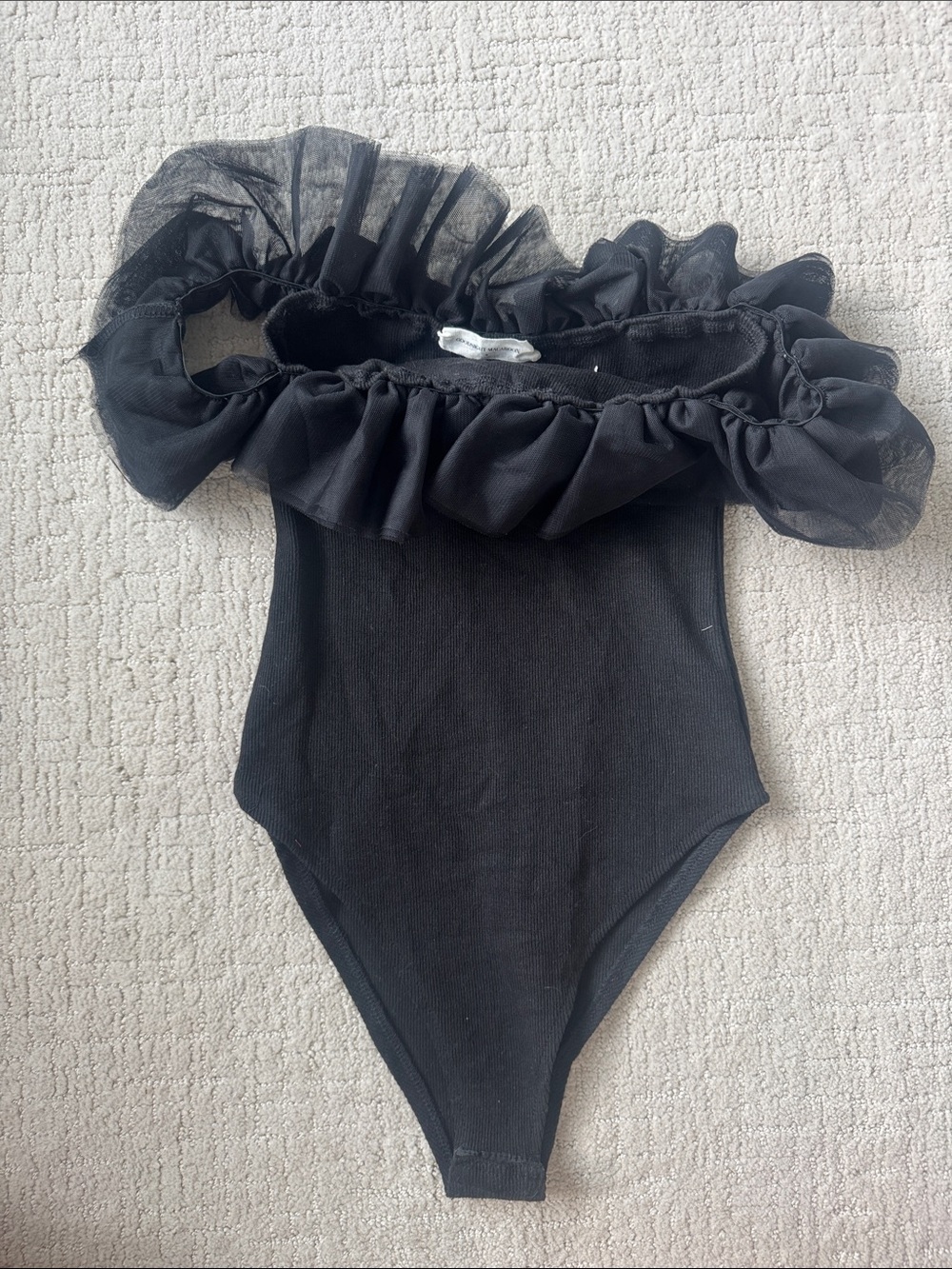 Goodnight Macaroon Black Ruffle Off-Shoulder Bodysuit